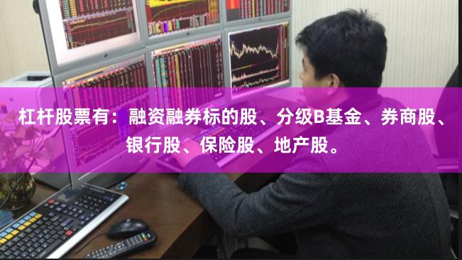 杠杆股票有：融资融券标的股、分级B基金、券商股、银行股、保险股、地产股。